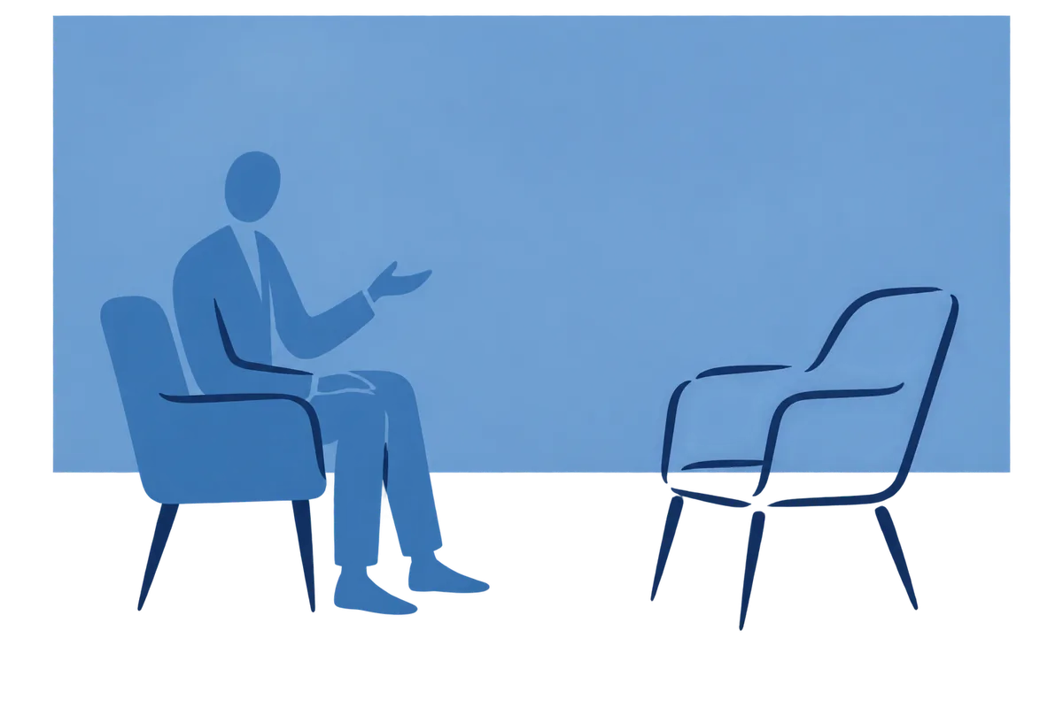 A person sits talking towards an empty chair drawn only in outline.