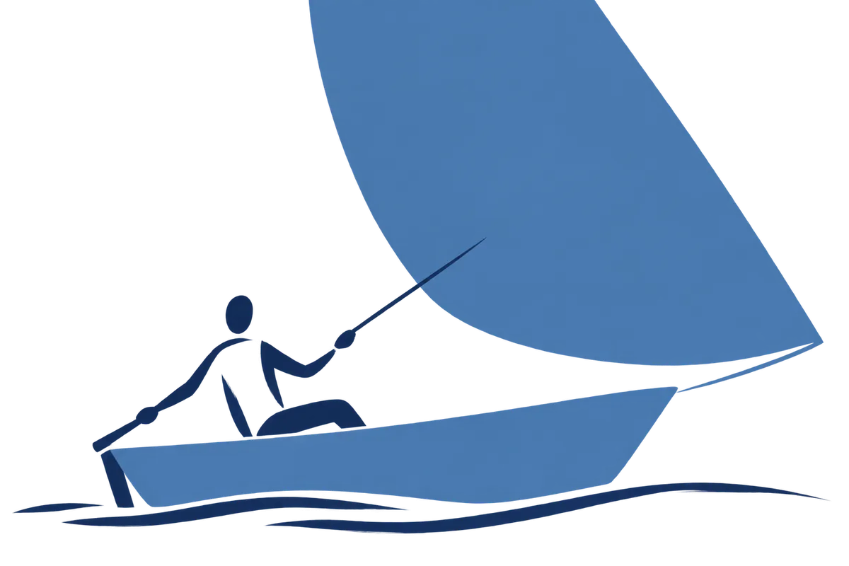 A person at the tiller of a small boat, holding the line of a full sail.