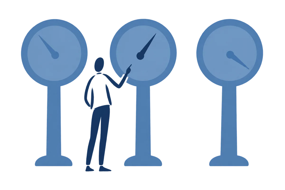 A person before three tall dials with needles at different readings, pointing at the middle one.