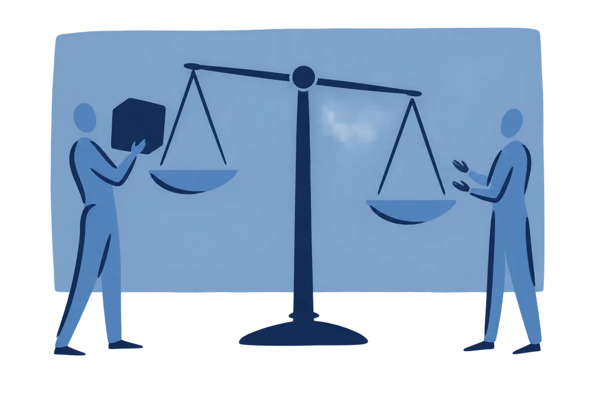 Two people at a large balance, one lifting a weight off a pan as the beam comes level.