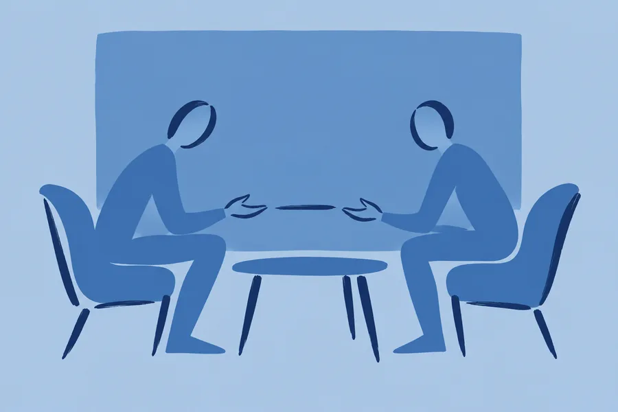 Two people sit across a small table, hands open towards each other