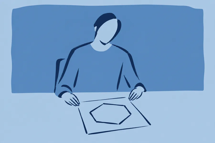 A person looks down at a sheet with a six-sided profile drawn on it