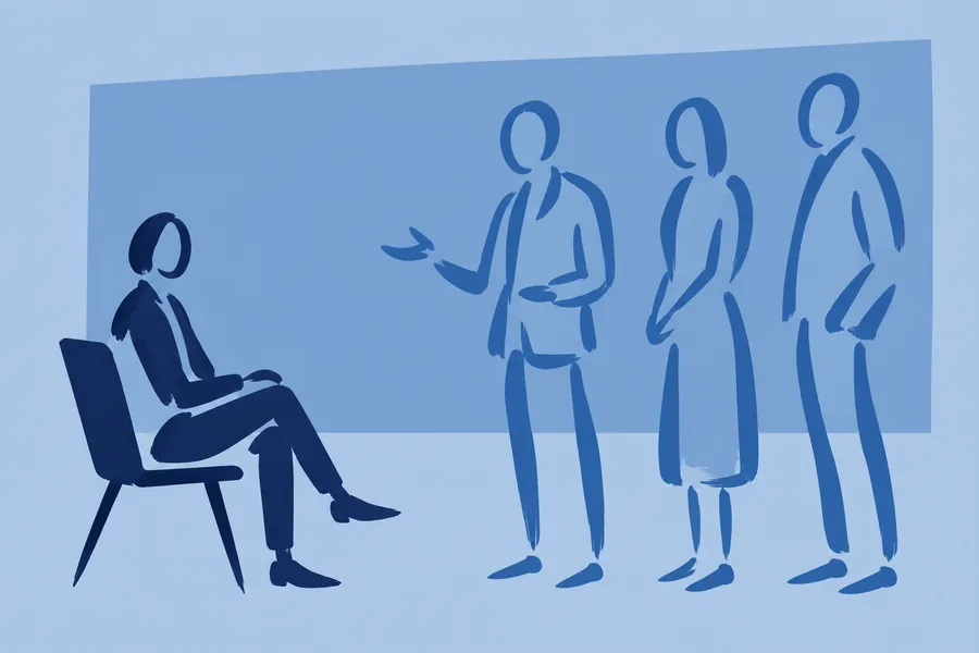A seated person listens while three people wait in turn to speak