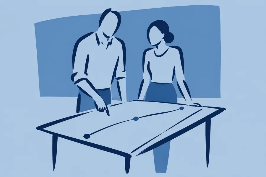 Two people at a table trace a path with three marks along it