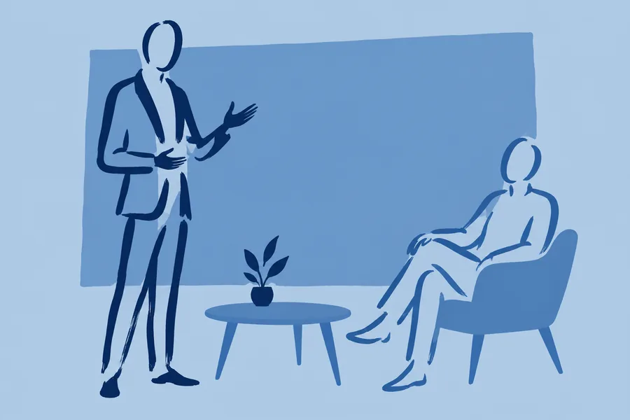 A person stands speaking with an open hand while another sits back and listens