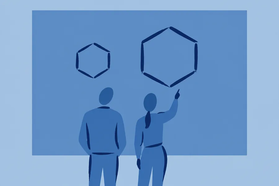 Two people look at a wall with two six-sided shapes, the second larger, one pointing at it