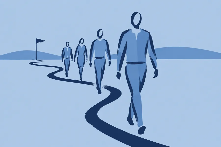 A person strides forward on a wide path with three people following, a flag behind them
